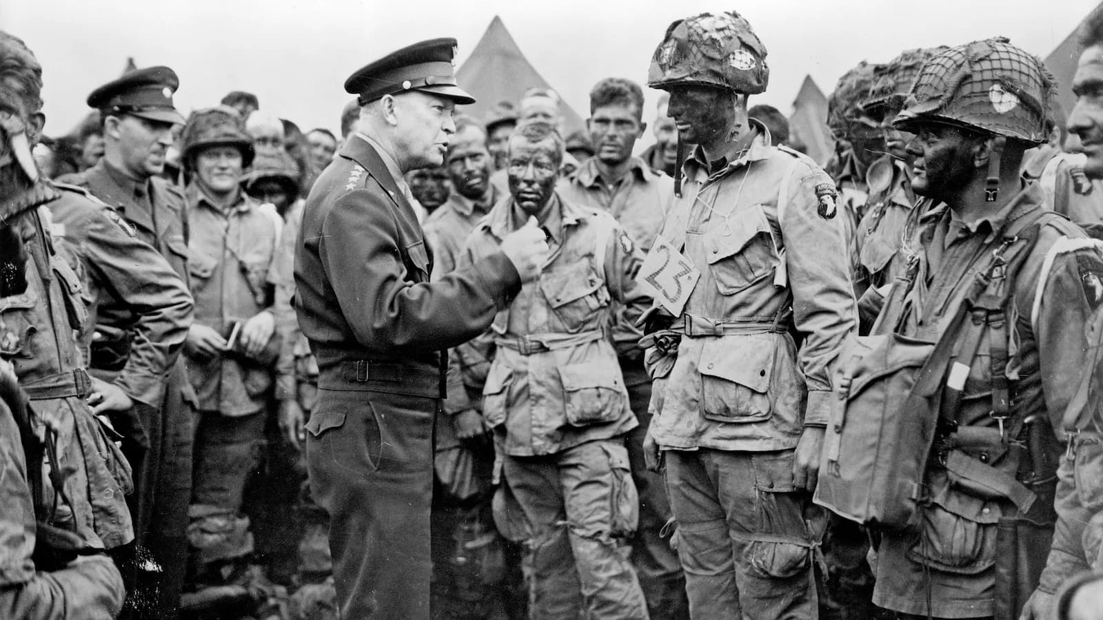 Eisenhower speaks to paratroopers of the 101st Airborne Division at RAF Greenham Common on June 5, 1944 just hours before they jumped into Normandy.