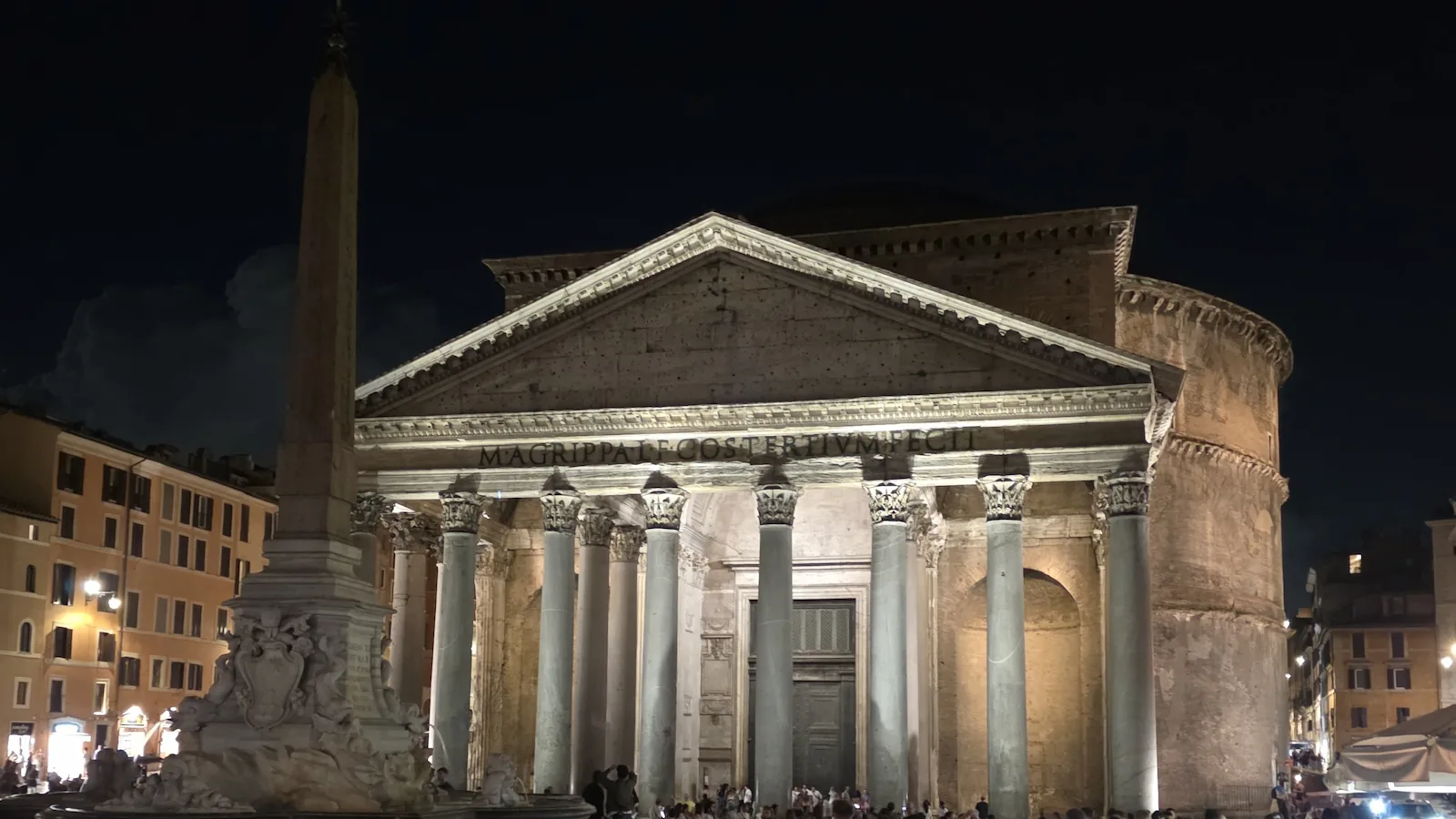 The Pantheon in Rome illuminated at the front on a summer evening.