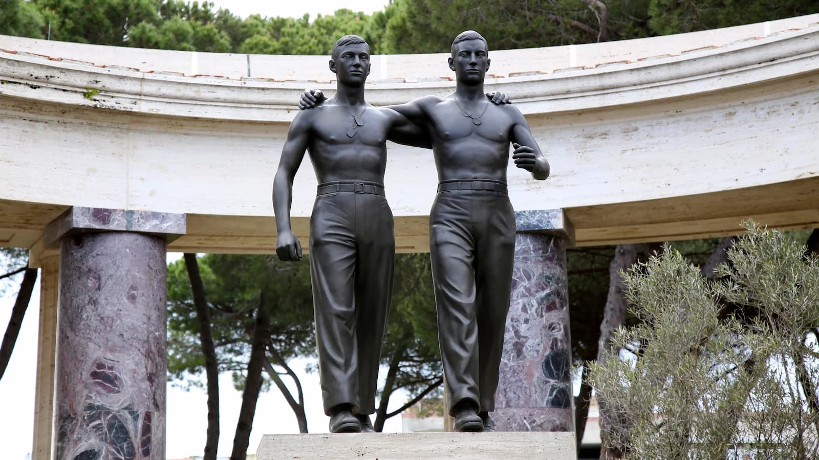The moving Brothers in Arms memorial at the Sicily-Rome American Cemetery, commemorating fallen U.S. soldiers of the Italian Campaign.
