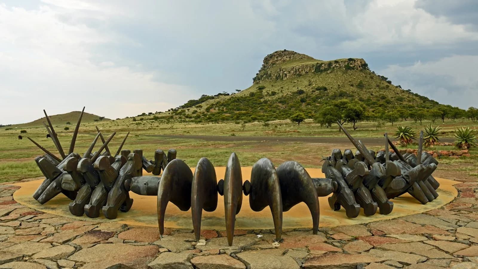 Historic stone monument and cairns at the Isandlwana battlefield in KwaZulu-Natal, marking one of the most significant engagements of the Anglo-Zulu War.
