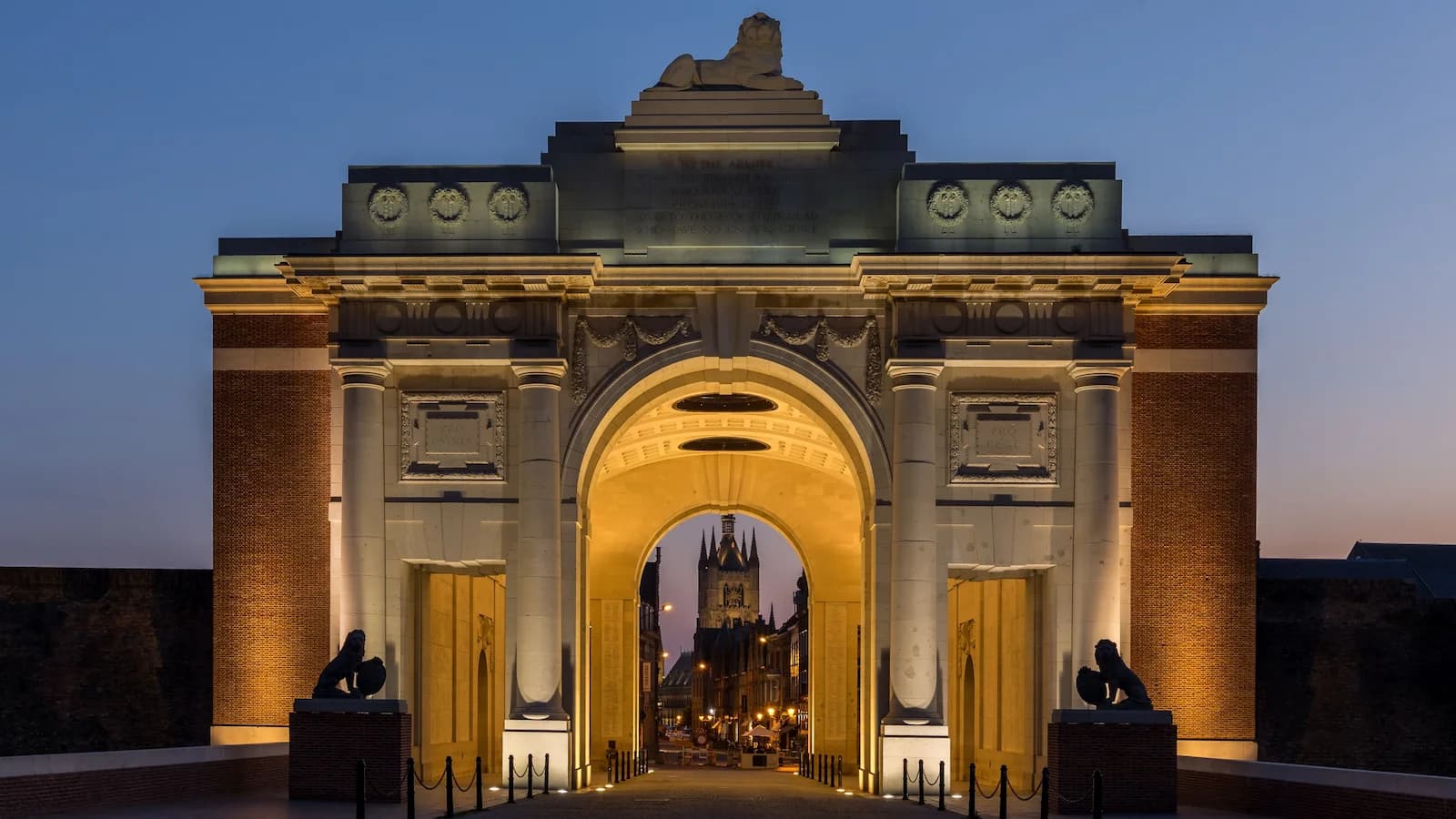 The Menin Gate Memorial in Ypres, Belgium, inscribed with the names of over 54,000 British and Commonwealth soldiers who have no known grave. The nightly Last Post ceremony has been held here for a century.