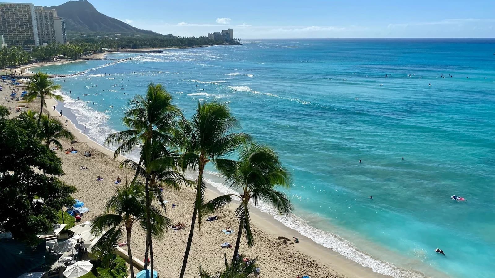 View from the historic Moana Surfrider Hotel on Waikiki Beach, Honolulu and the “First Lady of Waikiki.” The Surfrider is our base for the Hawaii portion of the Pearl Harbor to Hiroshima expedition.