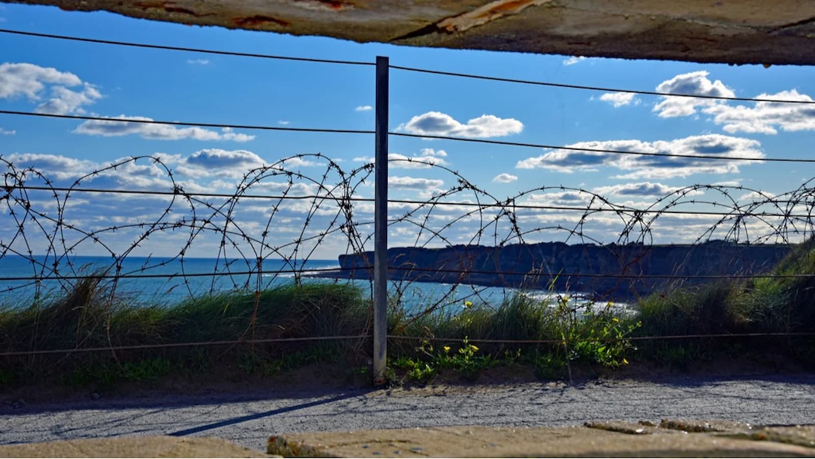View from a German command post at Pointe du Hoc in Normandy, France, a key site of the D-Day landings during World War II.