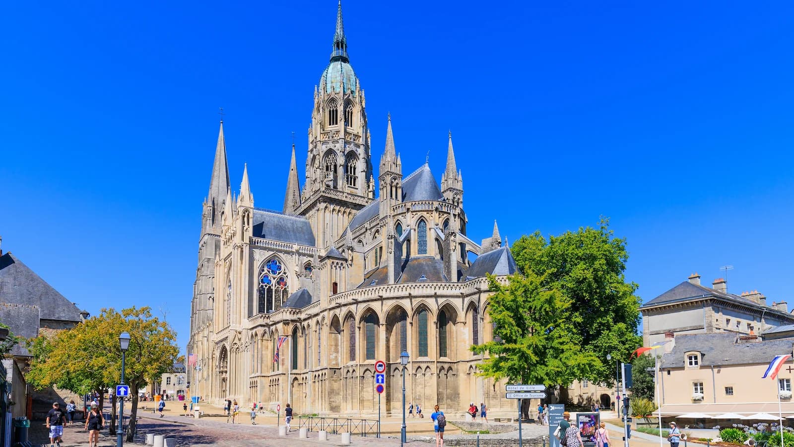 View of the beautiful Gothic style Notre-Dame de Bayeux Cathedral dating to 1077 and located in the heart of Bayeux, Normandy, France.