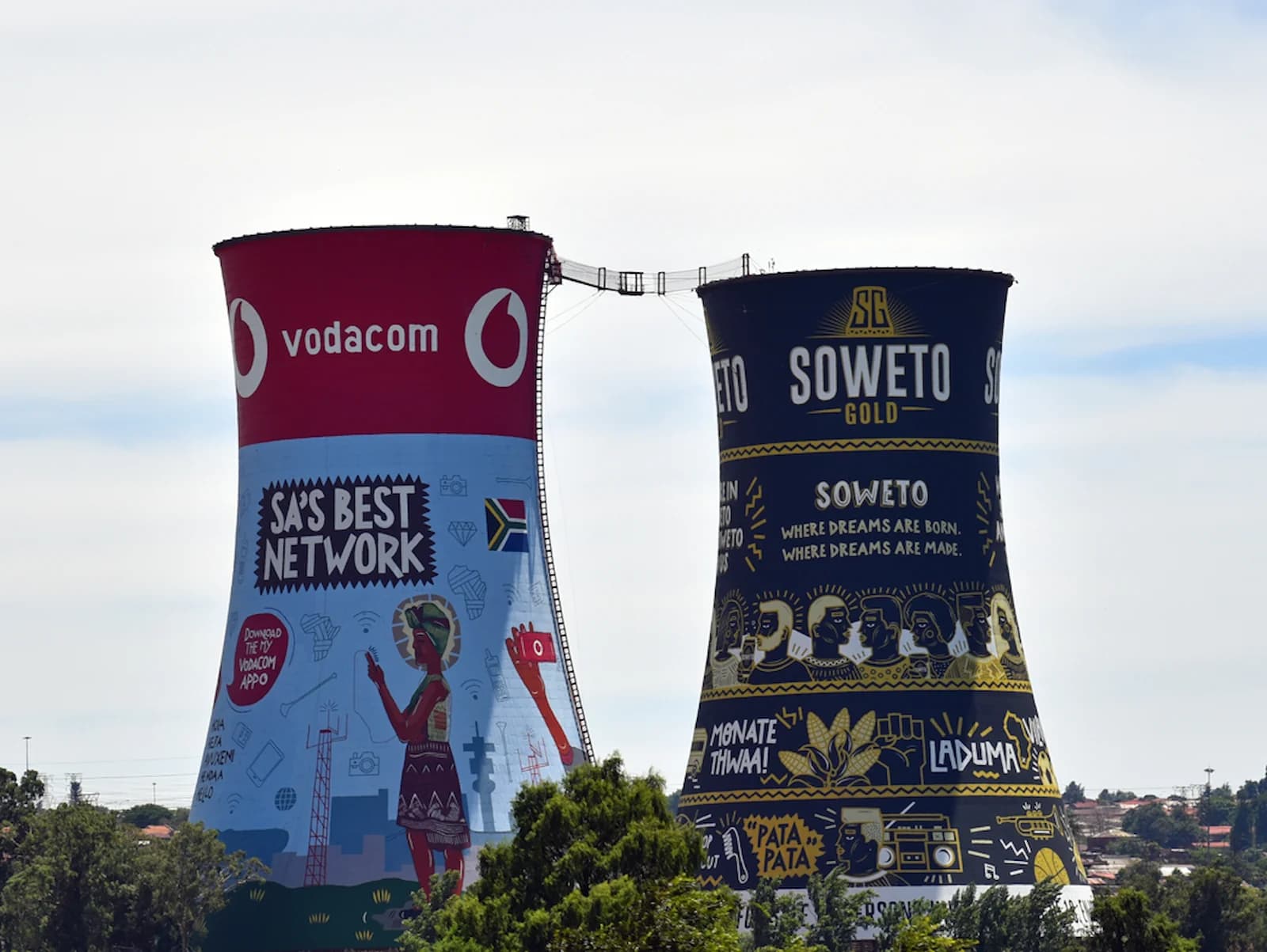 Iconic painted cooling towers in Soweto, Johannesburg, a vibrant symbol of the famous township and key stop on this South Africa tour exploring Nelson Mandela’s legacy and the heart of the anti-apartheid movement.