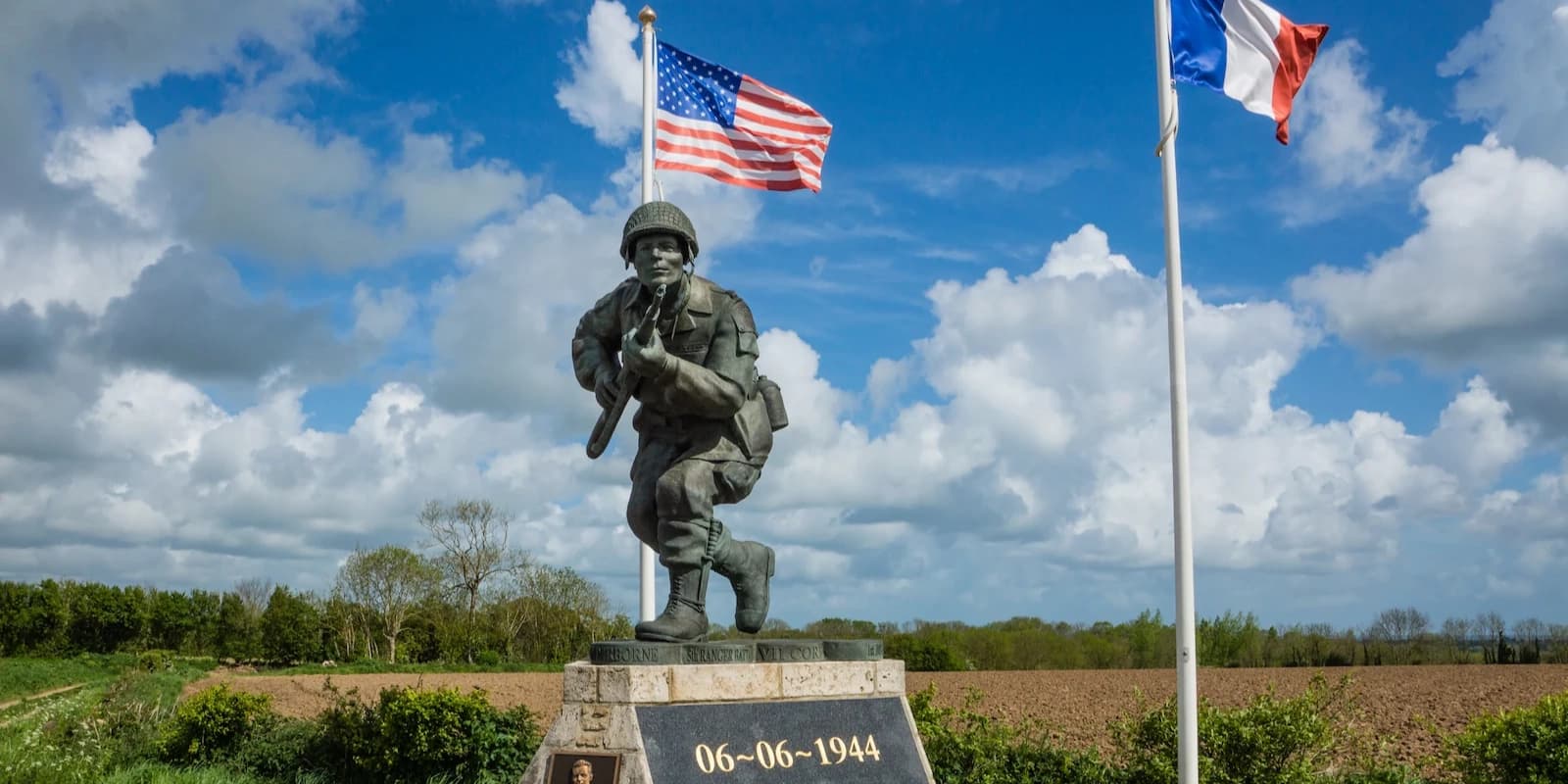 Statue of Major Dick Winters near Sainte-Marie-du-Mont, Normandy, France honoring the courage of the American paratrooper on D-Day.