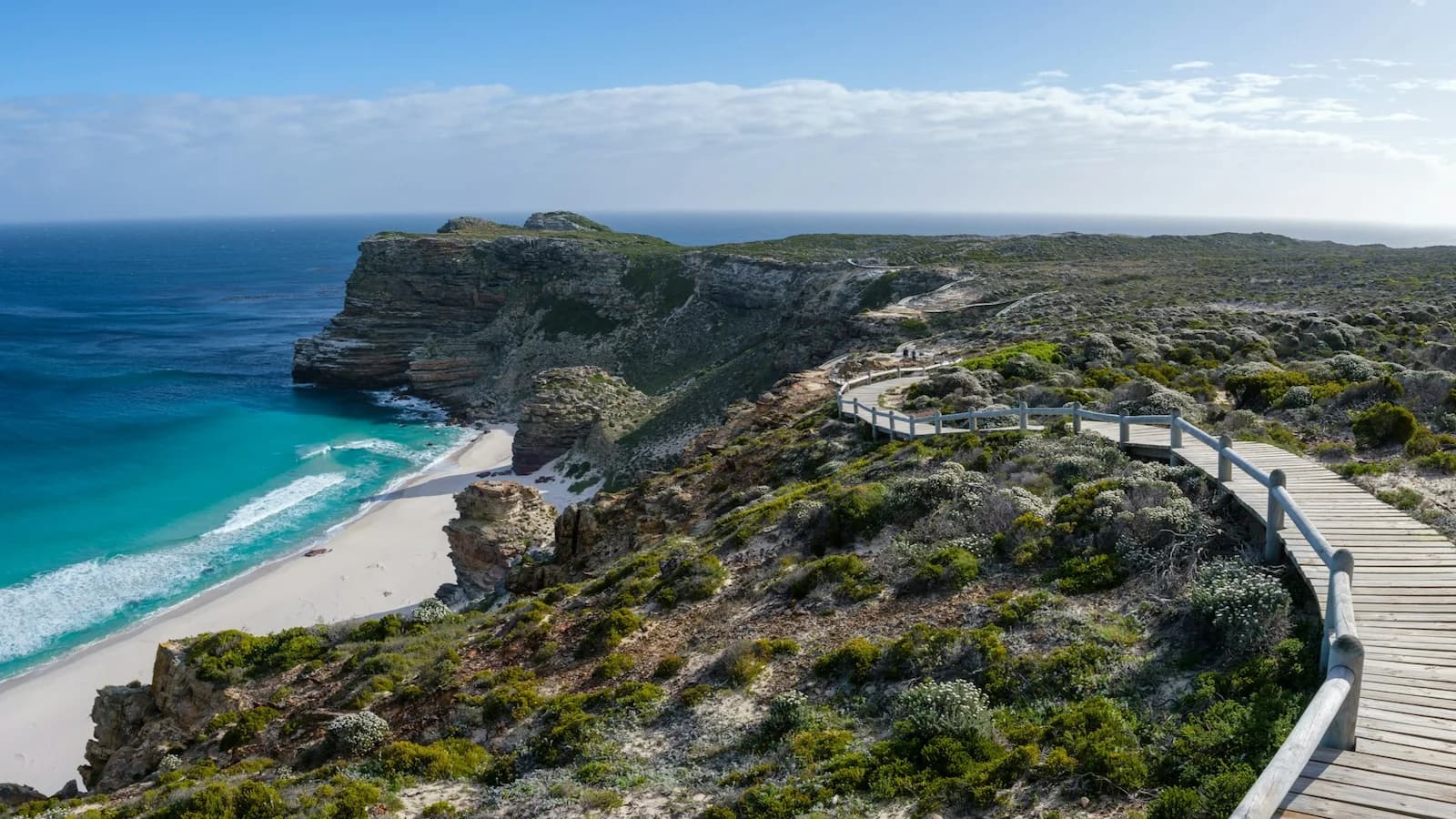Dramatic coastal view at the Cape of Good Hope with boardwalk overlooking the Atlantic Ocean, a scenic highlight of the Cape Peninsula drive on this South Africa tour.